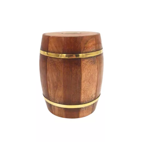 Pușculiță decorativă Giftdeco DNU-002 în formă de butoi, lemn și alamă, 20 cm