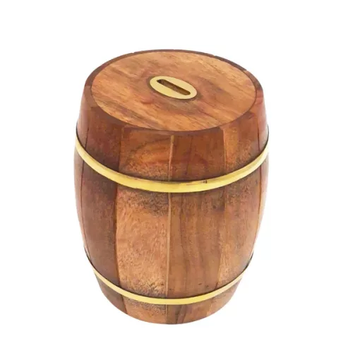 Pușculiță decorativă Giftdeco DNU-002 în formă de butoi, lemn și alamă, 20 cm