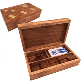   Set 3 jocuri tradiționale Giftdeco DNU-011, cărți, zaruri și domino, cutie din lemn de acacia