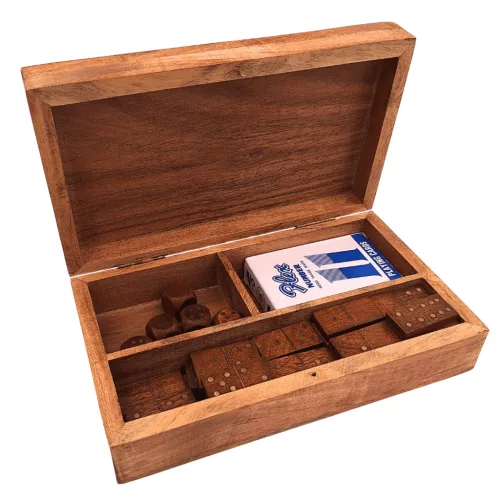 Set 3 jocuri tradiționale Giftdeco DNU-011, cărți, zaruri și domino, cutie din lemn de acacia