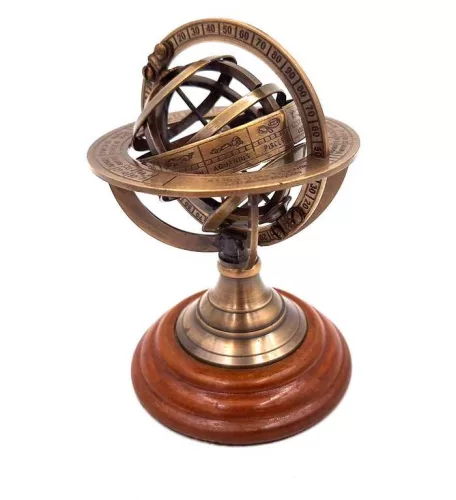 Astrolab decorativ Giftdeco NI351 din alamă și lemn, 13,5 cm