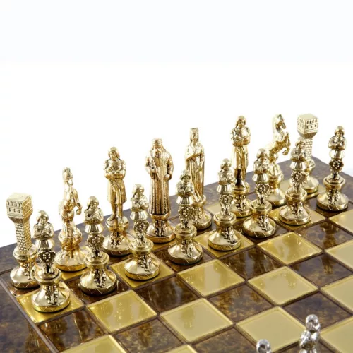 Set sah Manopoulos S9BRGS, alamă și lemn, înălțime 8,3 cm, stil renaștere