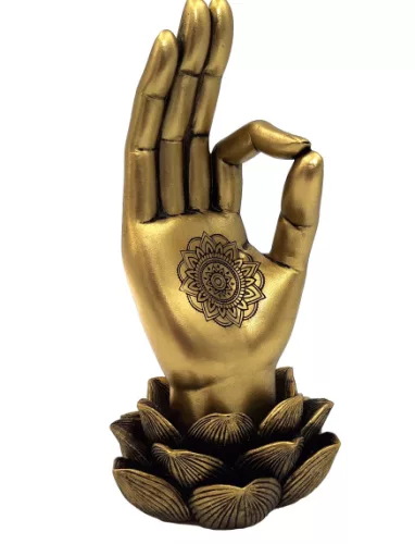 Figurină OM Mudra Giftdeco 43724, polirășină aurie, lotus și mandala, 21,3 cm