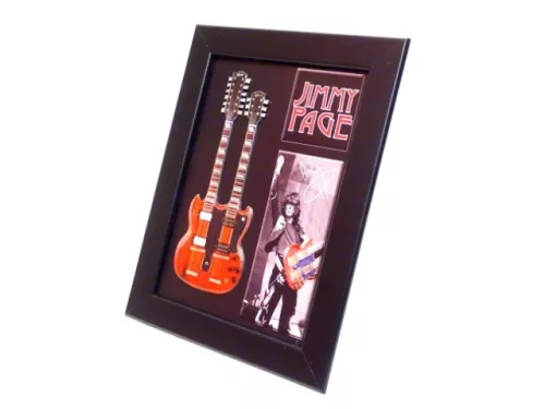 Miniatură chitara Indomini FMG-011, Jimmy Page double neck in a frame, oțel și lemn, 1,3cm x 16cm x 21,4cm