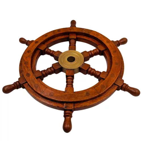 Timonă decorativa Giftdeco SW10/12, alamă și lemn, diametru 30 cm, stil retro, nautic