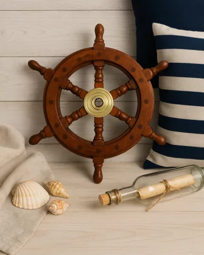 Timonă decorativa Giftdeco SW10/12, alamă și lemn, diametru 30 cm, stil retro, nautic