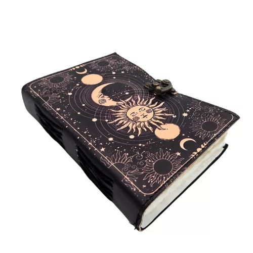 Jurnal Giftdeco AH07, piele de capra, soare si luna, granat si bej, 200 pagini, 18 x 13 cm