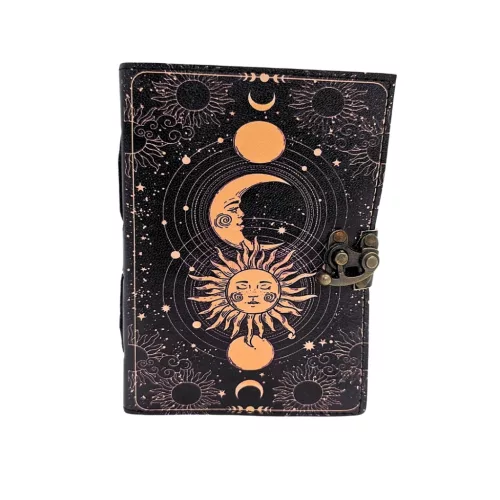 Jurnal Giftdeco AH07, piele de capra, soare si luna, granat si bej, 200 pagini, 18 x 13 cm