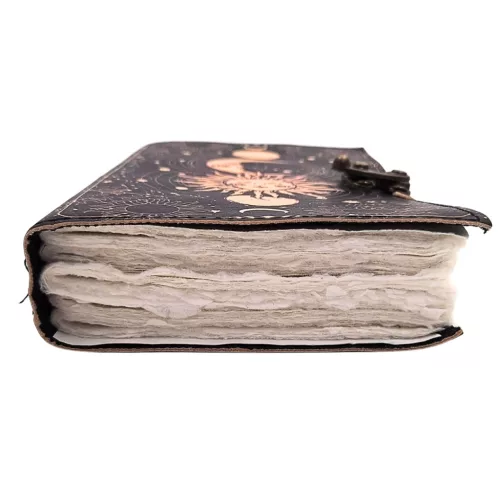 Jurnal Giftdeco AH07, piele de capra, soare si luna, granat si bej, 200 pagini, 18 x 13 cm