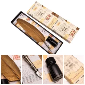   Set de caligrafie Giftdeco 7262 cu pana de gasca aurie, penita, cerneala si cutie cadou, 26,5 x 8 x 3 cm