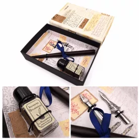   Set de caligrafie Giftdeco 5422 cu doua penite, calimara si cutie cadou, 12,5 x 8,5 x 3 cm