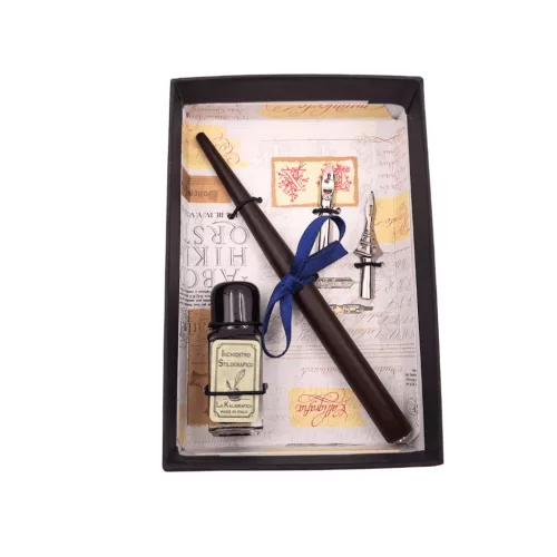 Set de caligrafie Giftdeco 5422 cu doua penite, calimara si cutie cadou, 12,5 x 8,5 x 3 cm