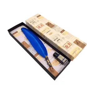   Set de caligrafie Giftdeco 7651 cu pana de gasca albastra, penita, cerneala si cutie cadou, 26,5 x 8 x 3 cm