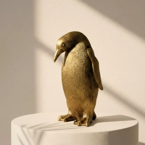Figurină pinguin auriu Giftdeco 3989FJZ, rășină, 12,4 x 10,5 x 20,5 cm