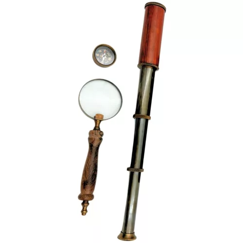 Set cadou retro Giftdeco NC102369, luneta, compas si lupa