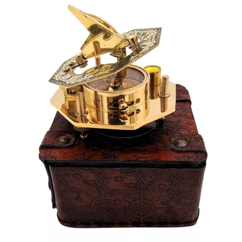 Busolă Giftdeco CSDO343/3, alamă și piele, 8 x 3,5 cm, stil retro, vintage, nautic