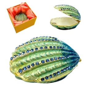   Casetă pentru bijuterii Giftdeco HX068 în formă de scoică, metal și cristale albastre, 6 x 6 x 3 cm