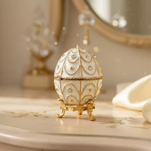 Casetă decorativă Giftdeco B0748-17WH, ou Fabergé, metal și cristale, 5,5 x 6,5 cm