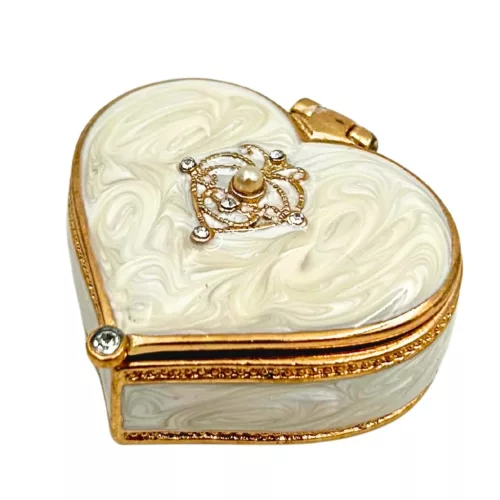 Cutie pentru bijuterii Giftdeco B0767-06WH în formă de inimă, metal, cristale, alb și auriu, 4,4 x 4 x 2 cm