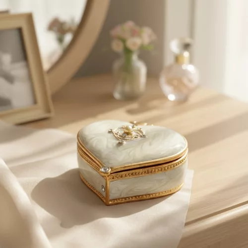 Cutie pentru bijuterii Giftdeco B0767-06WH în formă de inimă, metal, cristale, alb și auriu, 4,4 x 4 x 2 cm