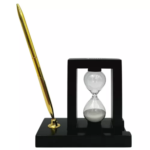 Set de birou Giftdeco 121W cu clepsidră 3 minute și suport pentru pixuri, MDF și sticlă