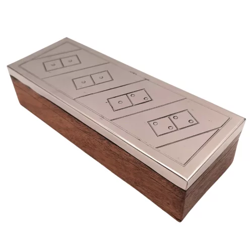 Set domino Giftdeco DO-017, cutie din lemn cu capac din aluminiu, 20,3 x 6 x 4,5 cm