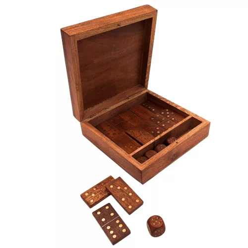 Set domino și zaruri Giftdeco DO-002, lemn și alamă, cutie 15,2 x 15,2 x 5 cm