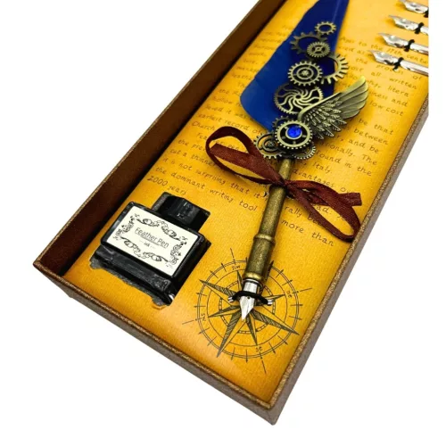 Set caligrafie Giftdeco EE11, pană de gâscă albastră, 6 penițe, cerneală și cutie