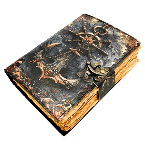 Jurnal Giftdeco H110, piele de capra, alamă și metal, 18 x 13 cm, stil retro, vintage, nautic