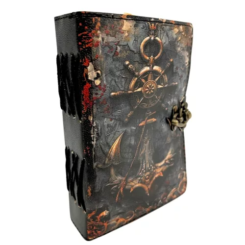 Jurnal Giftdeco H110, piele de capra, alamă și metal, 18 x 13 cm, stil retro, vintage, nautic