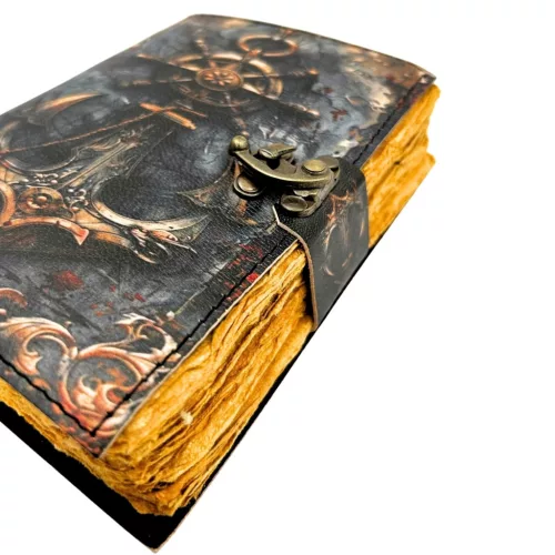 Jurnal Giftdeco H110, piele de capra, alamă și metal, 18 x 13 cm, stil retro, vintage, nautic