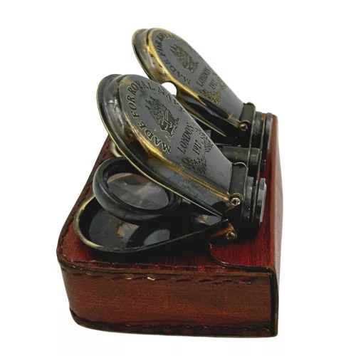 Binoclu decorativ Giftdeco BN863, alamă cu finisaj antichizat, husă din piele, 13 x 8 cm