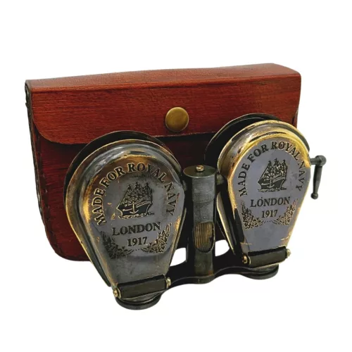 Binoclu decorativ Giftdeco BN863, alamă cu finisaj antichizat, husă din piele, 13 x 8 cm
