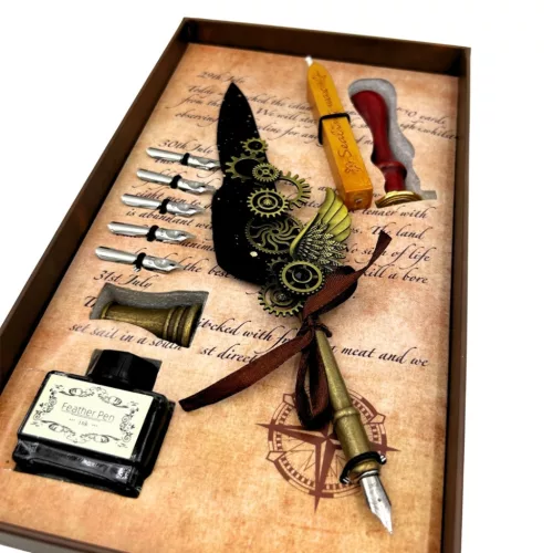 Set de caligrafie Giftdeco EE16, metal, lungime 22 cm, stil retro, clasic