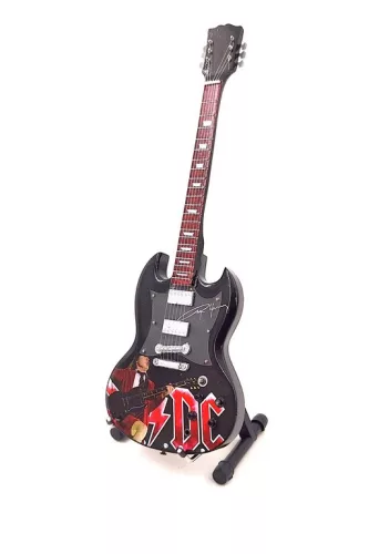 Miniatură chitara Indomini MGT-8518, 24,5 cm Angus Young style, lemn de mahon, plastic și metal, înălțime 24,5 cm